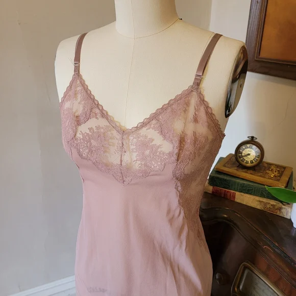Vintage Lace Slip Dress Mauve Chemise Nighty 34 Sm Med - Picture 2 of 6